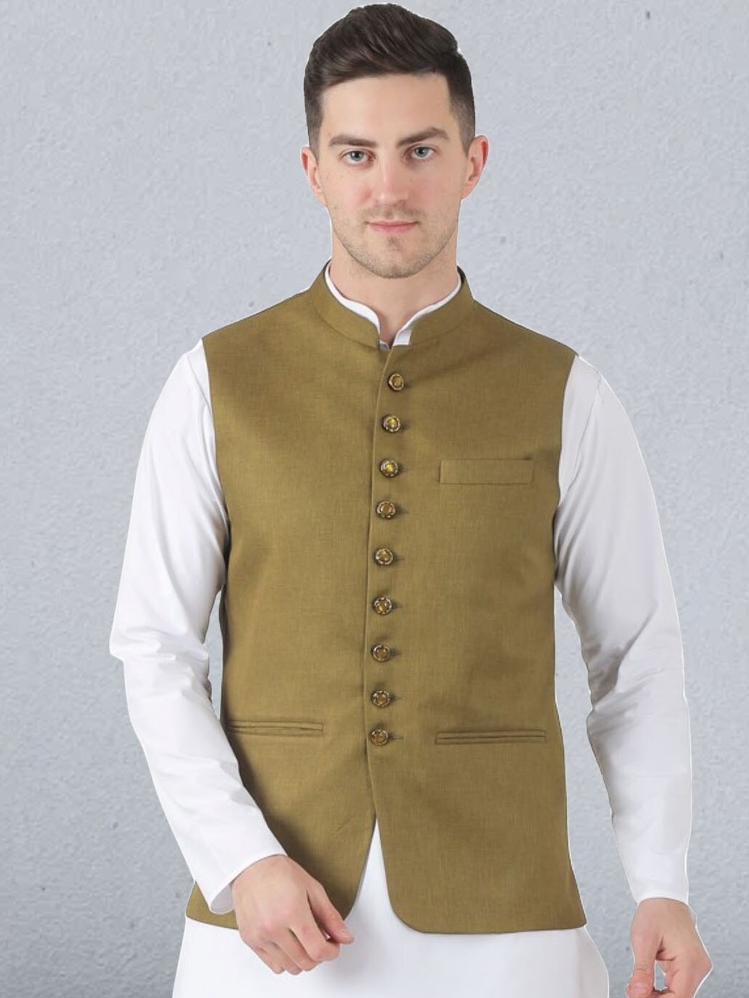 

TAHVO Mandarin Collar Satin Nehru Jacket, Green