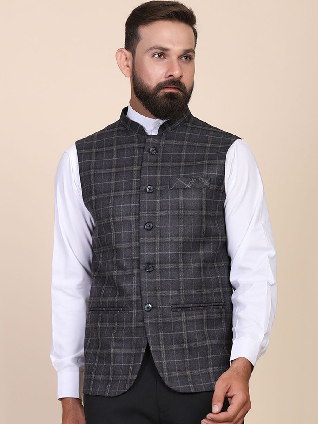 

TAHVO Checked Satin Nehru Jacket, Grey