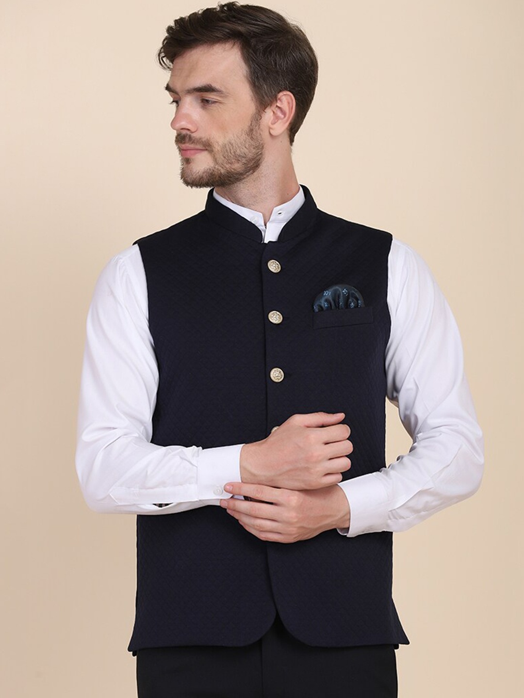 

TAHVO Mandarin Collar Satin Nehru Jacket, Blue