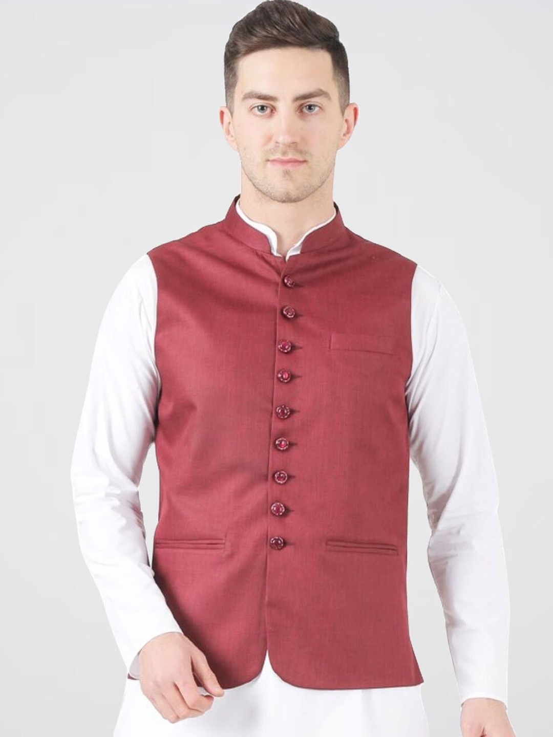 

TAHVO Mandarin Collar Satin Nehru Jacket, Maroon