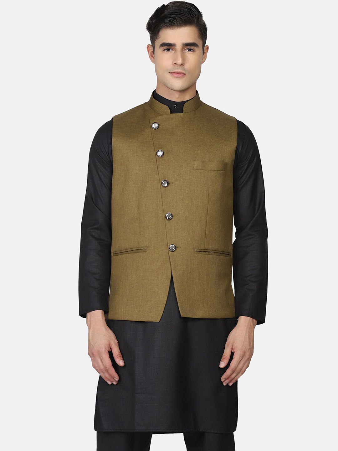 

TAHVO Mandarin Collar Satin Nehru Jacket, Green