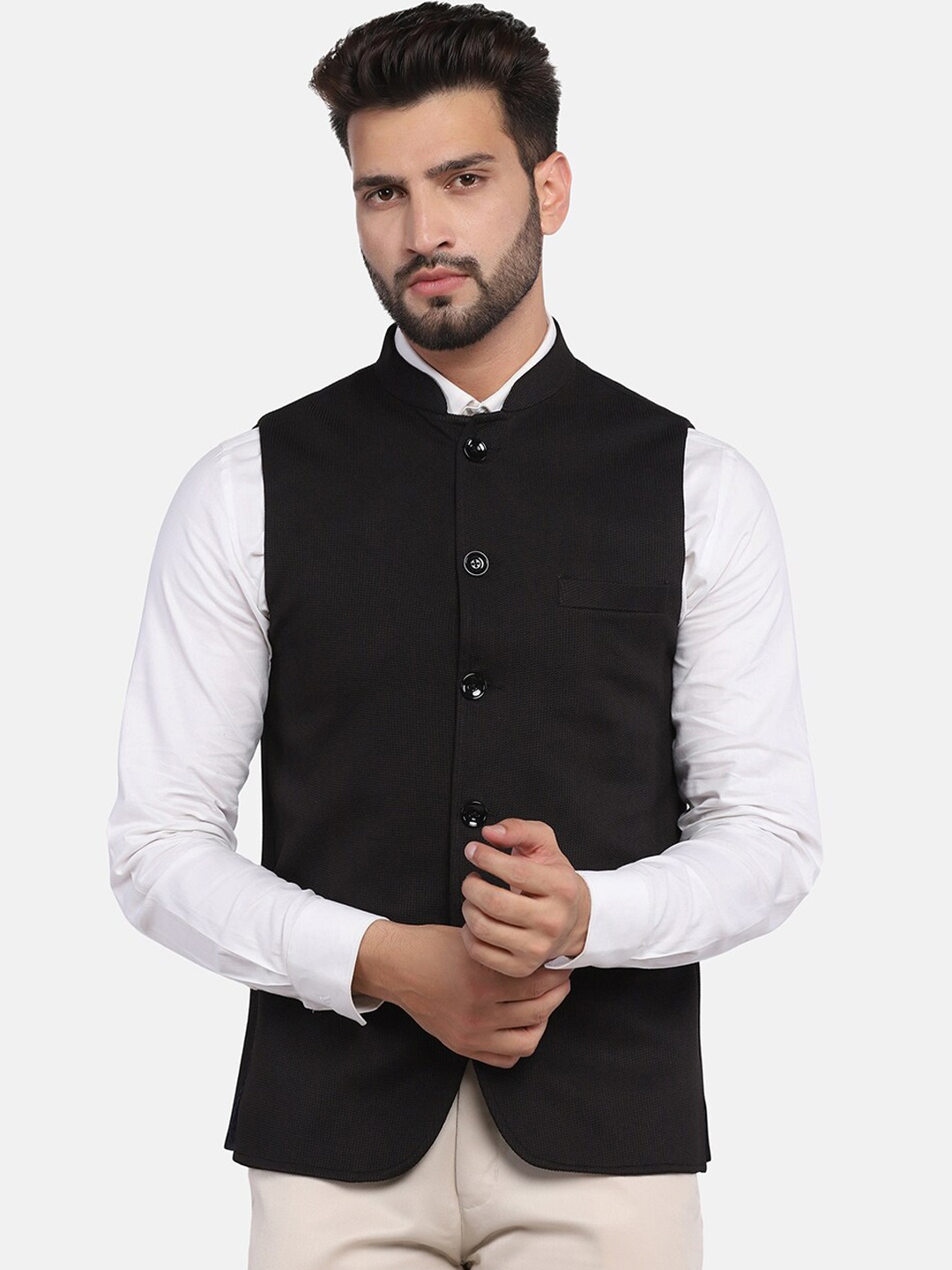 

TAHVO Mandarin Mollar Satin Nehru Jackets, Black