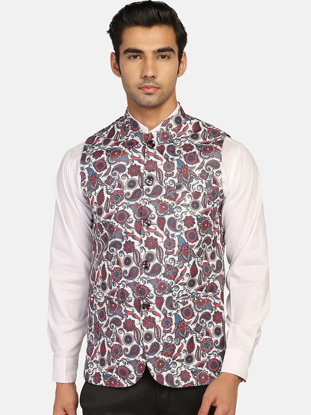 

TAHVO Printed Mandarin Mollar Satin Nehru Jackets, White