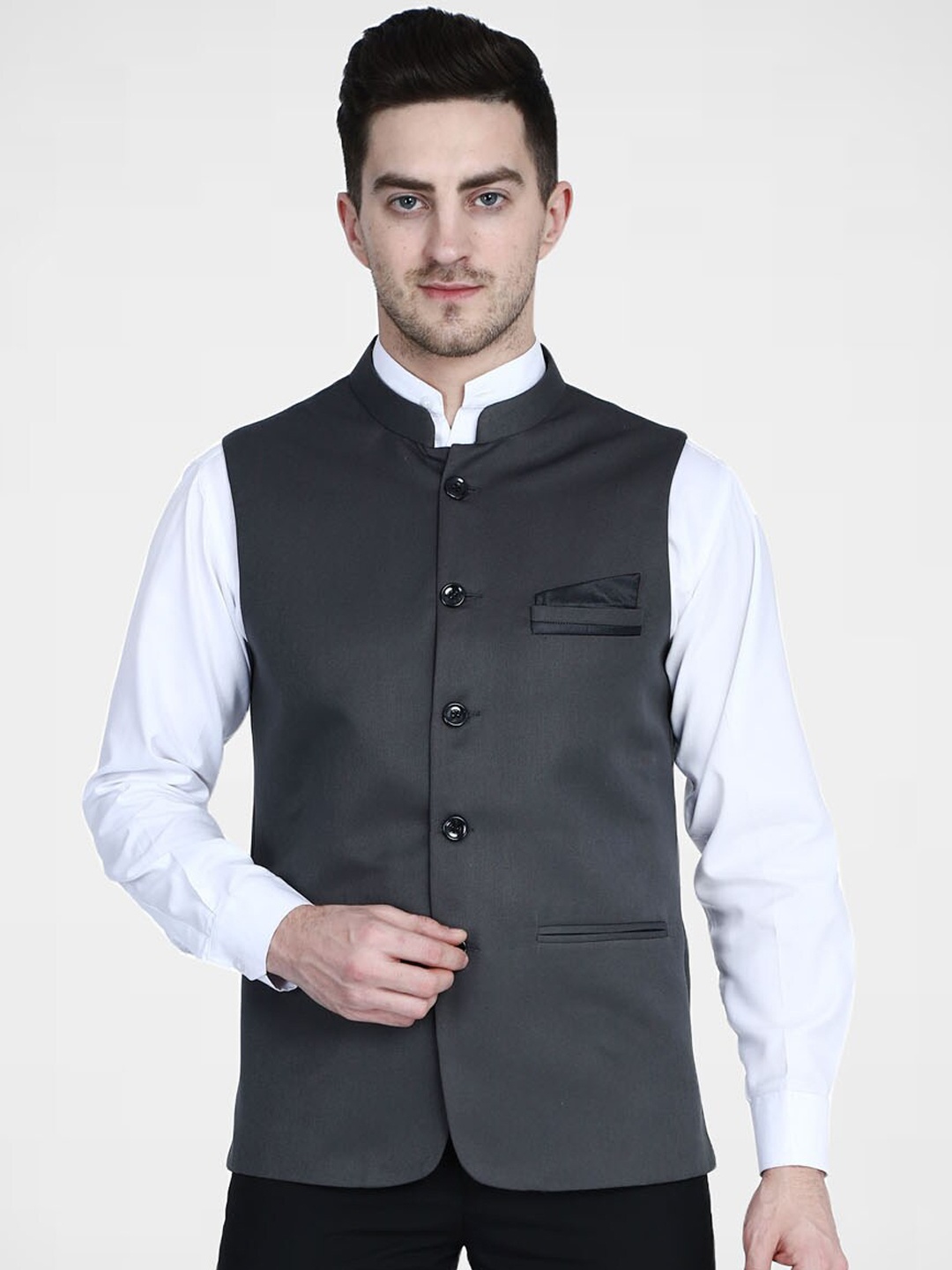 

TAHVO Mandarin Collar Satin Nehru Jacket, Grey