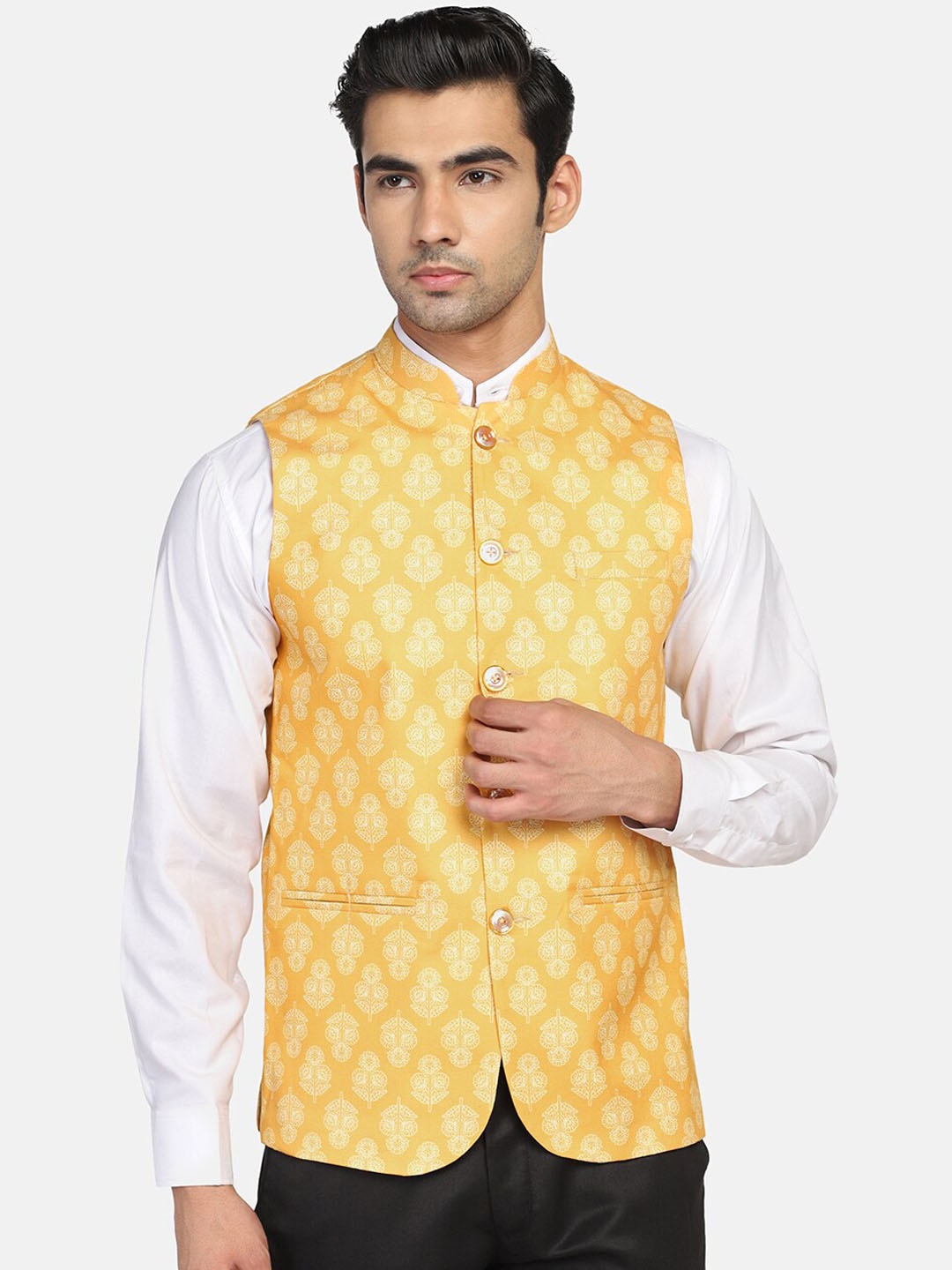 

TAHVO Printed Mandarin Mollar Satin Nehru Jackets, Yellow