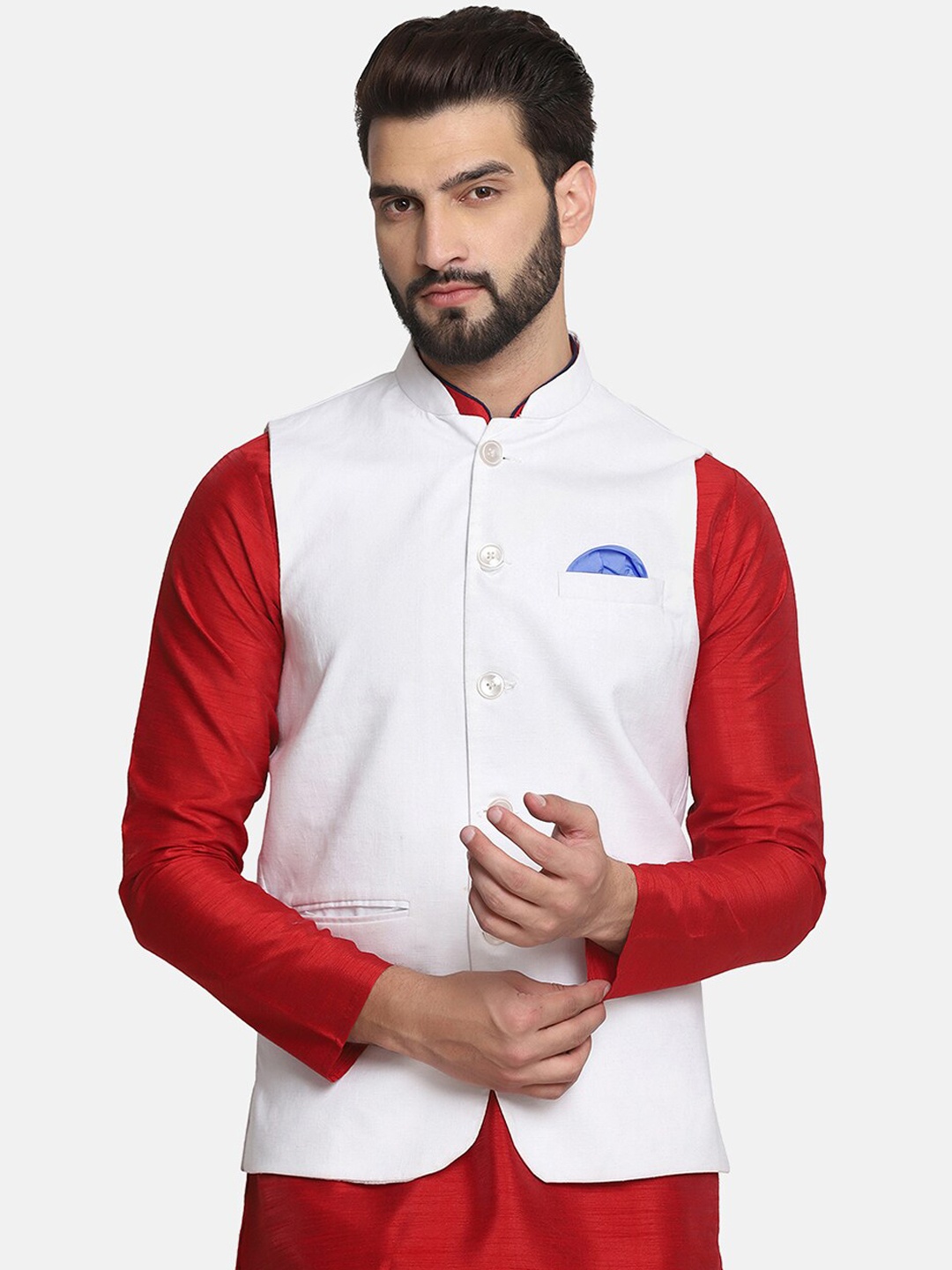 

TAHVO Mandarin Mollar Satin Nehru Jackets, White