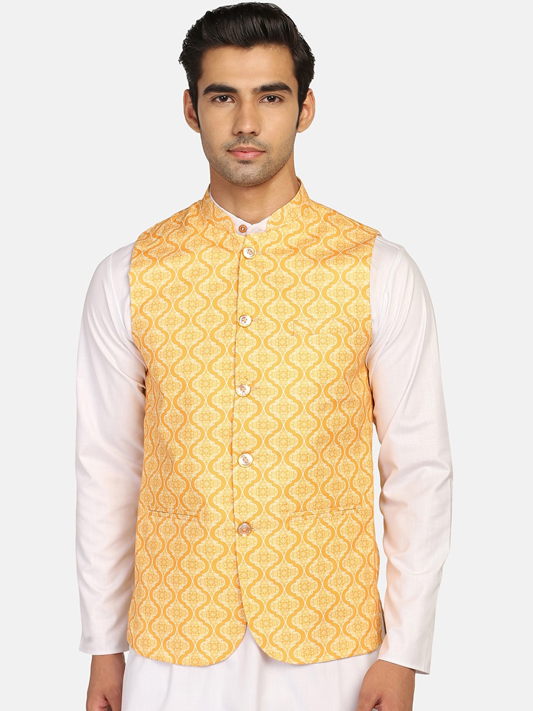 

TAHVO Mandarin Collar Ethnic Motifs Printed Satin Nehru Jacket, Yellow