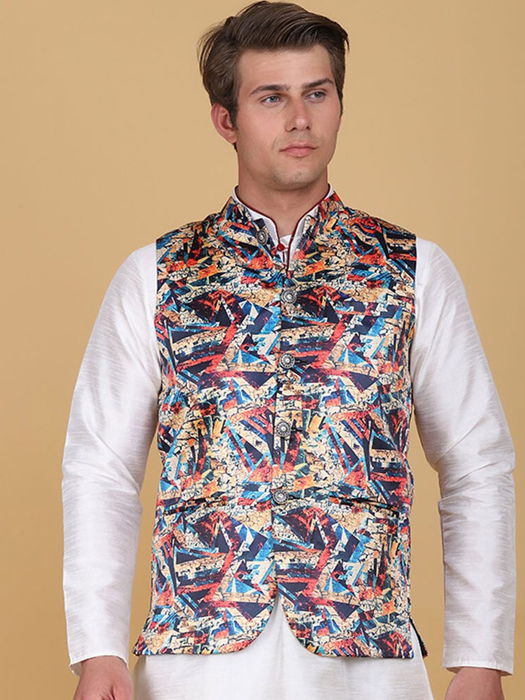 

TAHVO Printed Satin Nehru Jacket, Blue