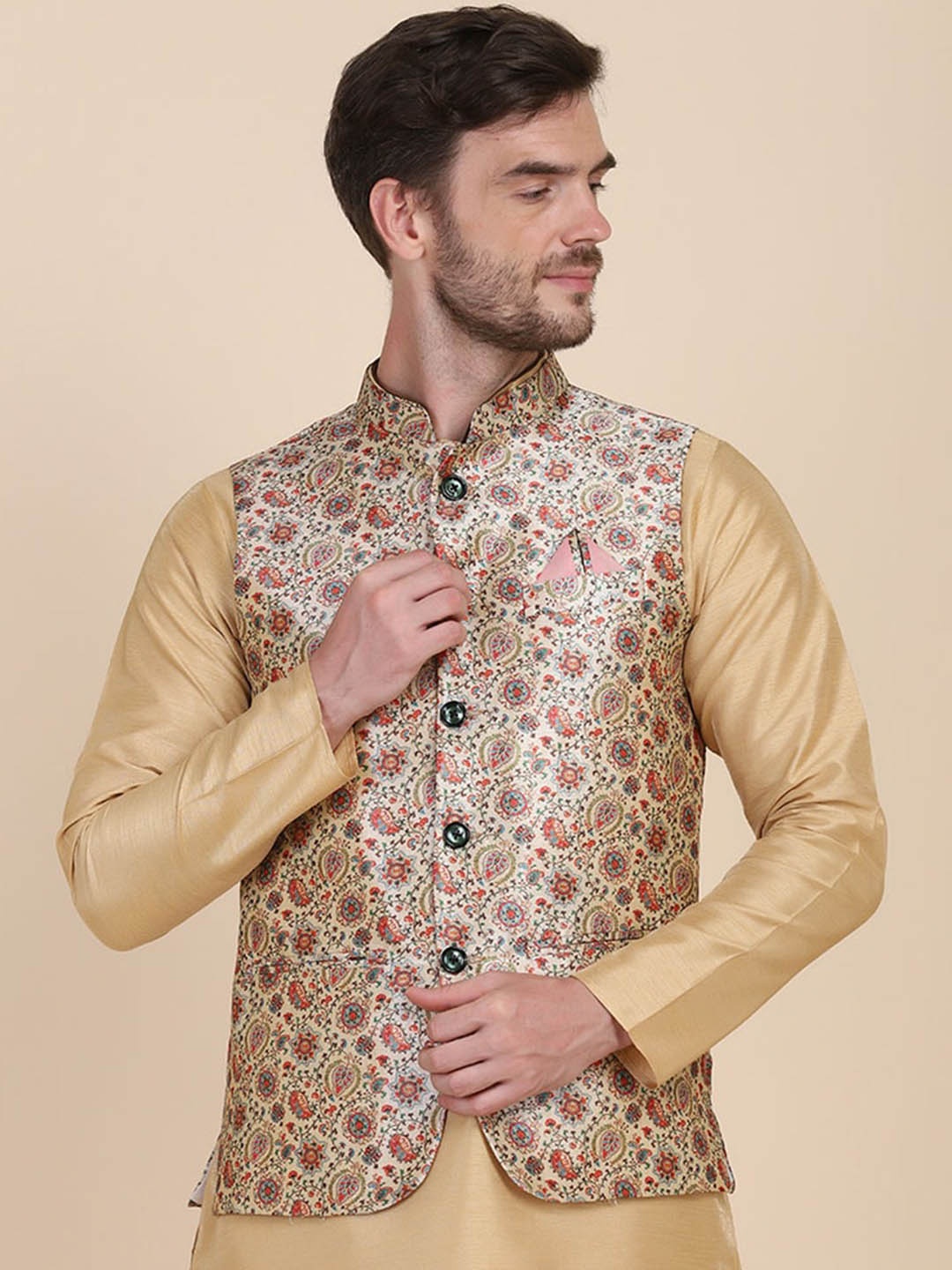 

TAHVO Mandarin Collar Ethnic Motifs Printed Satin Nehru Jacket, Gold