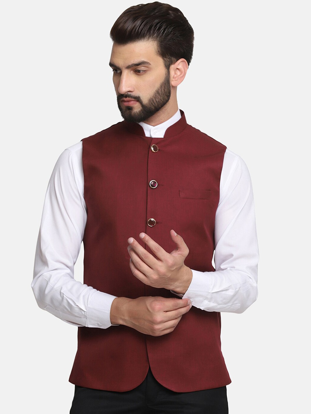 

TAHVO Mandarin Collar Satin Nehru Jacket, Maroon