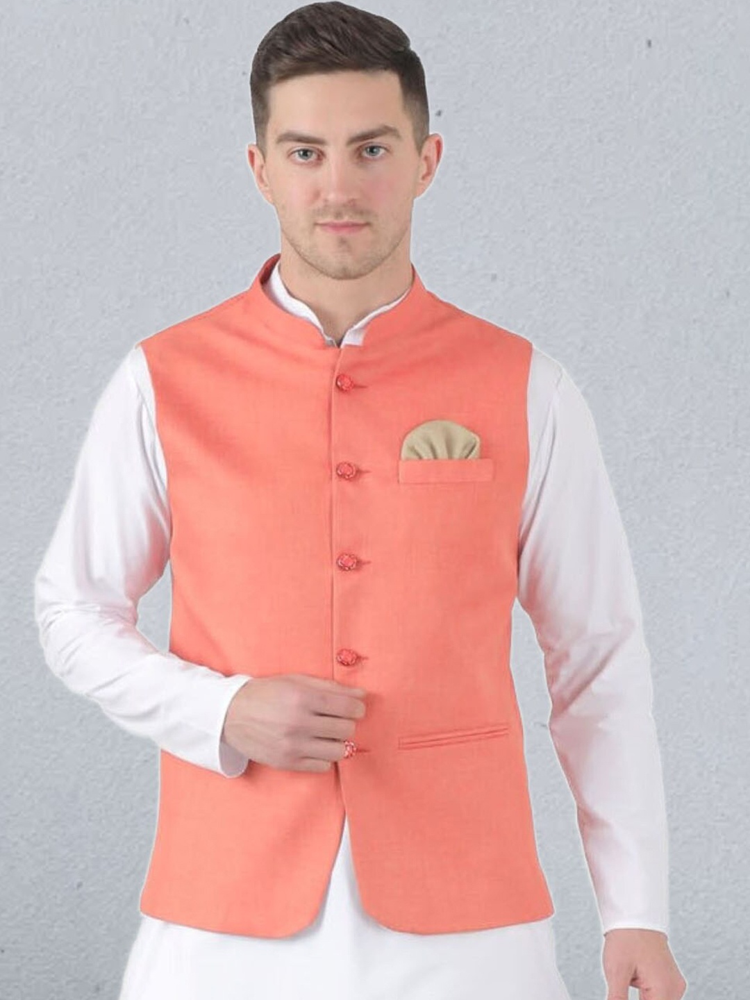 

TAHVO Mandarin Collar Satin Nehru Jacket, Peach