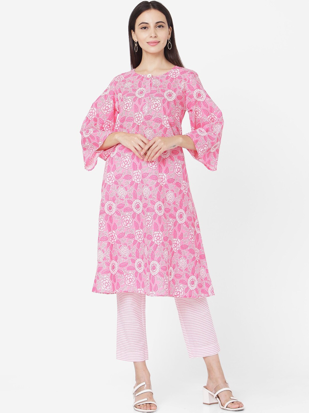 

KALINI Floral Printed A-Line Pure Cotton Kurta with Trousers, Pink