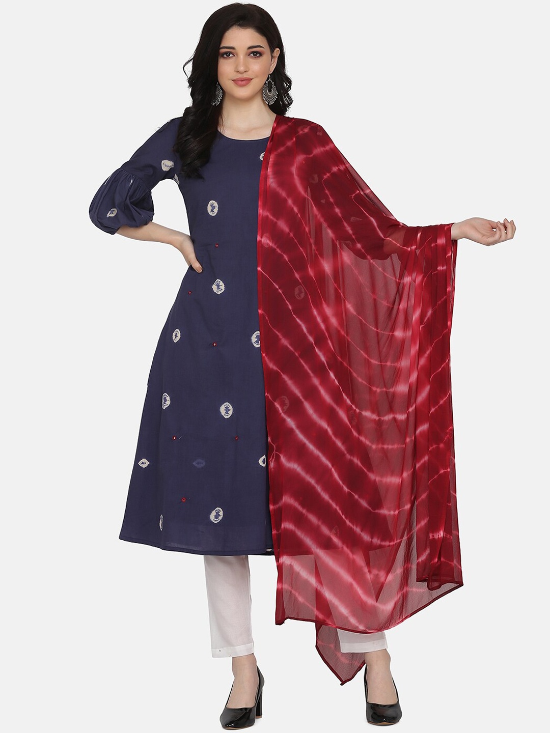 

KALINI Dyed Mirror Work Pure Cotton Kurta With Trousers & Dupatta, Navy blue