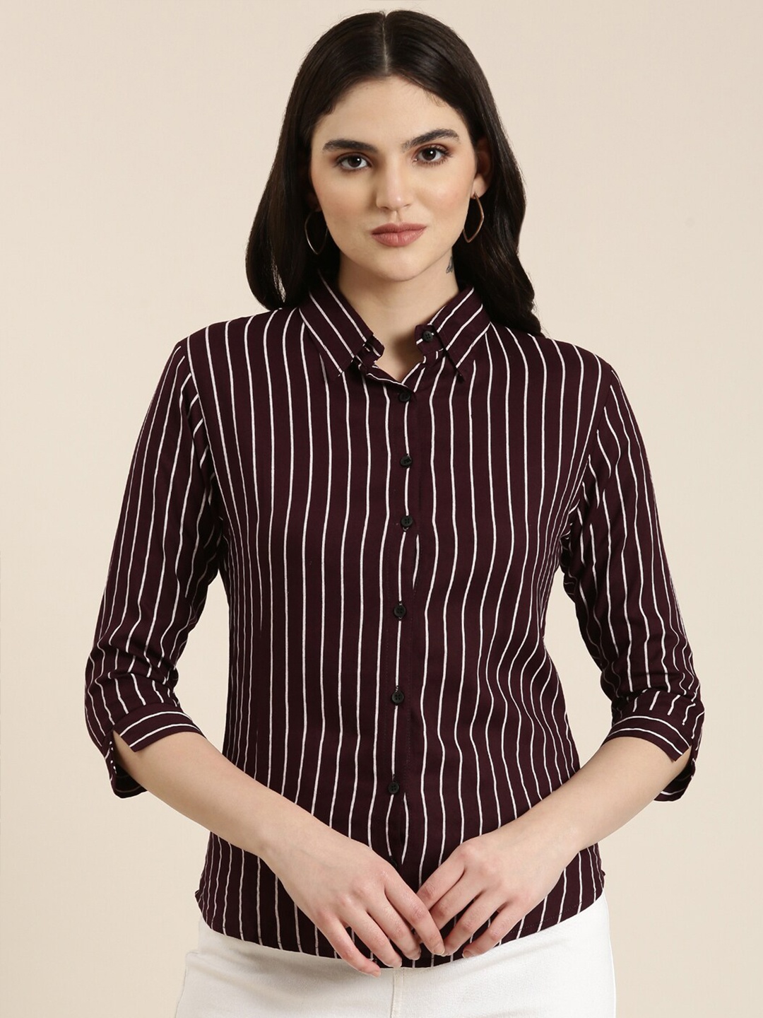 

SHOWOFF Classic Vertical Striped Cotton Slim Fit Casual Shirt, Purple