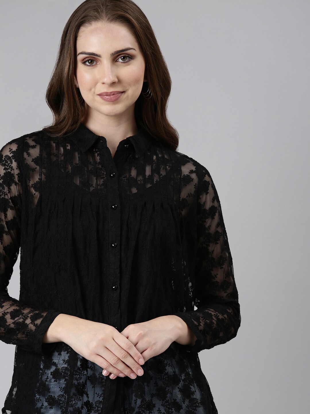 

SHOWOFF Spread Collar Pin Tucks Sheer Casual Shirt, Black