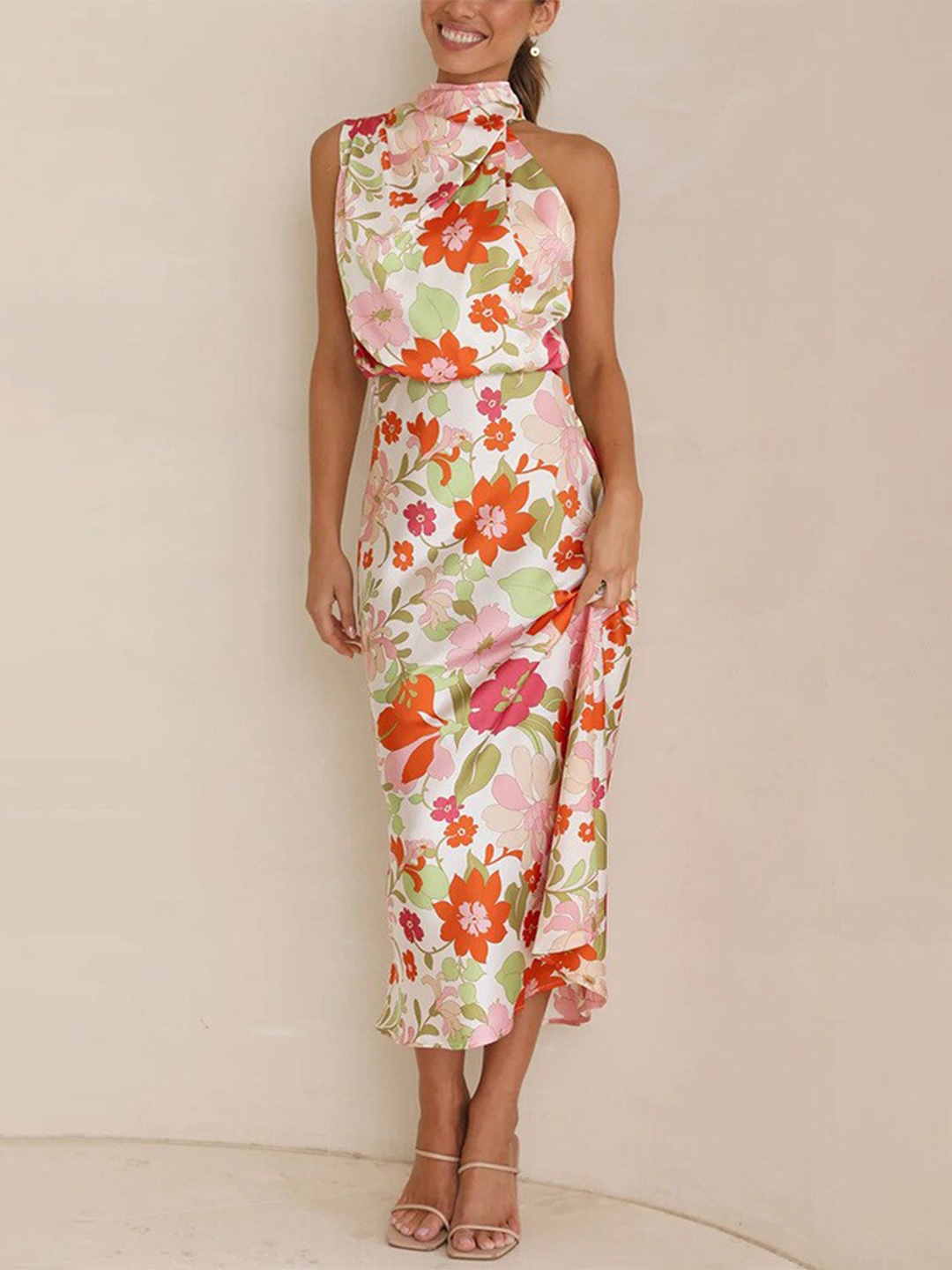 

BoStreet White & Orange Colored Floral Printed Sheath Midi Dress