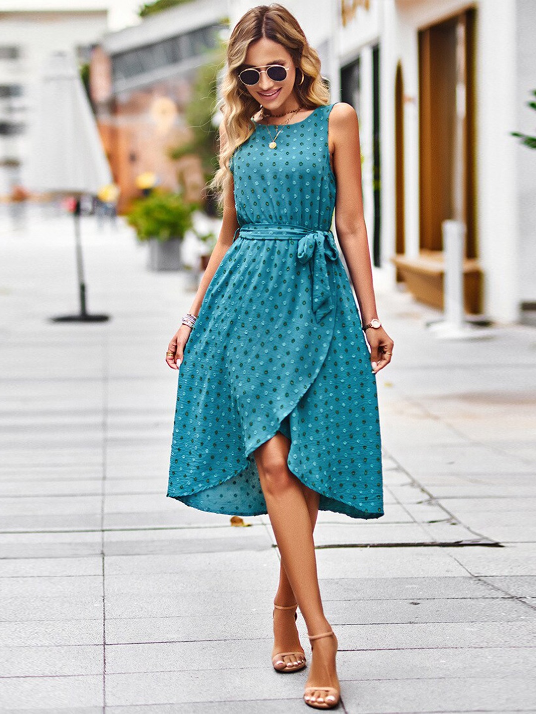 

BoStreet Blue Swiss Dot Fit & Flare Dress