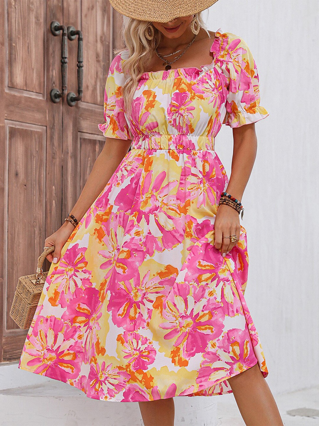 

BoStreet Pink & Yellow Colour Floral Printed Puff Sleeves Gathered Fit & Flare Dress