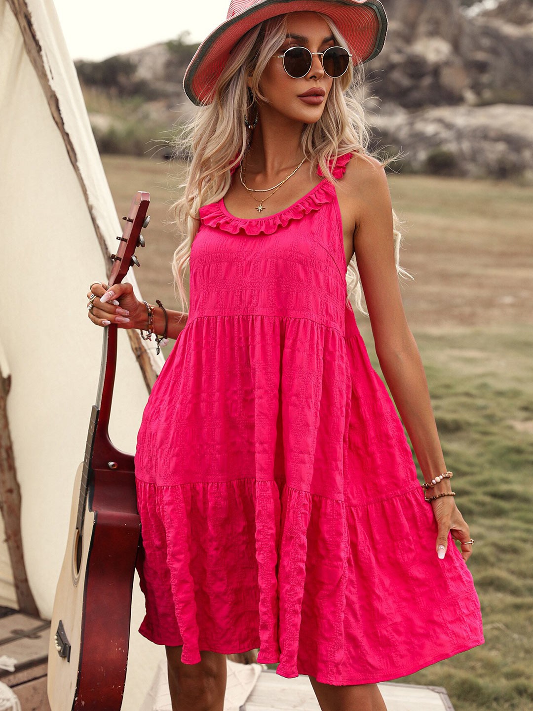 

StyleCast Pink Self Design Shoulder Straps & Ruffled Fit & Flare Tiered Dress