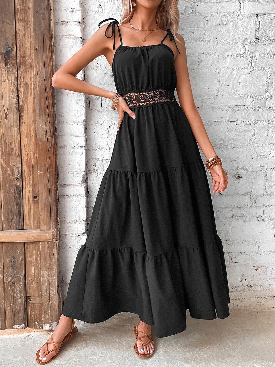 

BoStreet Black Colour Shoulder Straps Lace Up Fit & Flare Tiered Dress