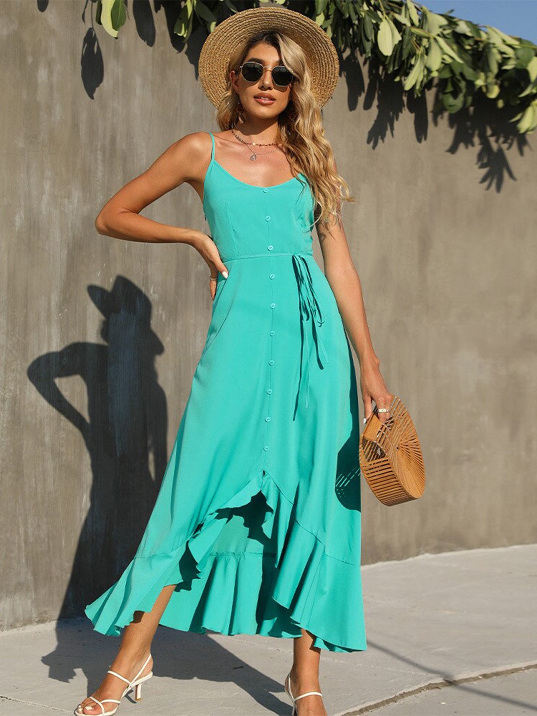 

BoStreet Turquoise Blue Colour Tie Up Fit & Flare Dress