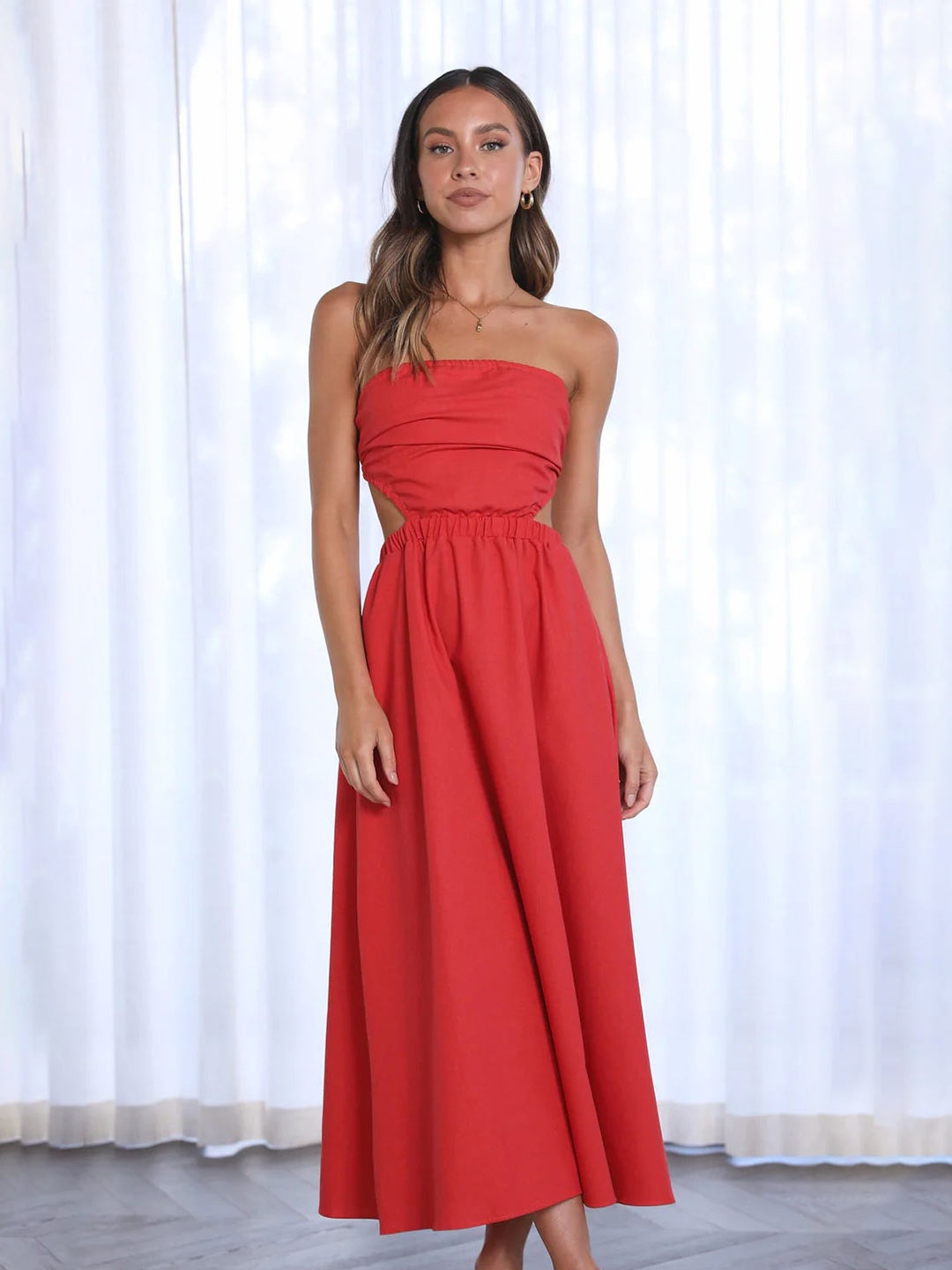 

BoStreet Red Strapless Cut-Out Fit & Flare Maxi Dress