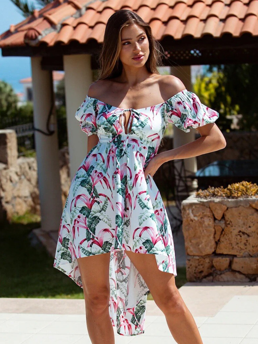 

BoStreet White Tropical Printed Off-Shoulder Puff Sleeve Tie-Ups Fit & Flare Dress