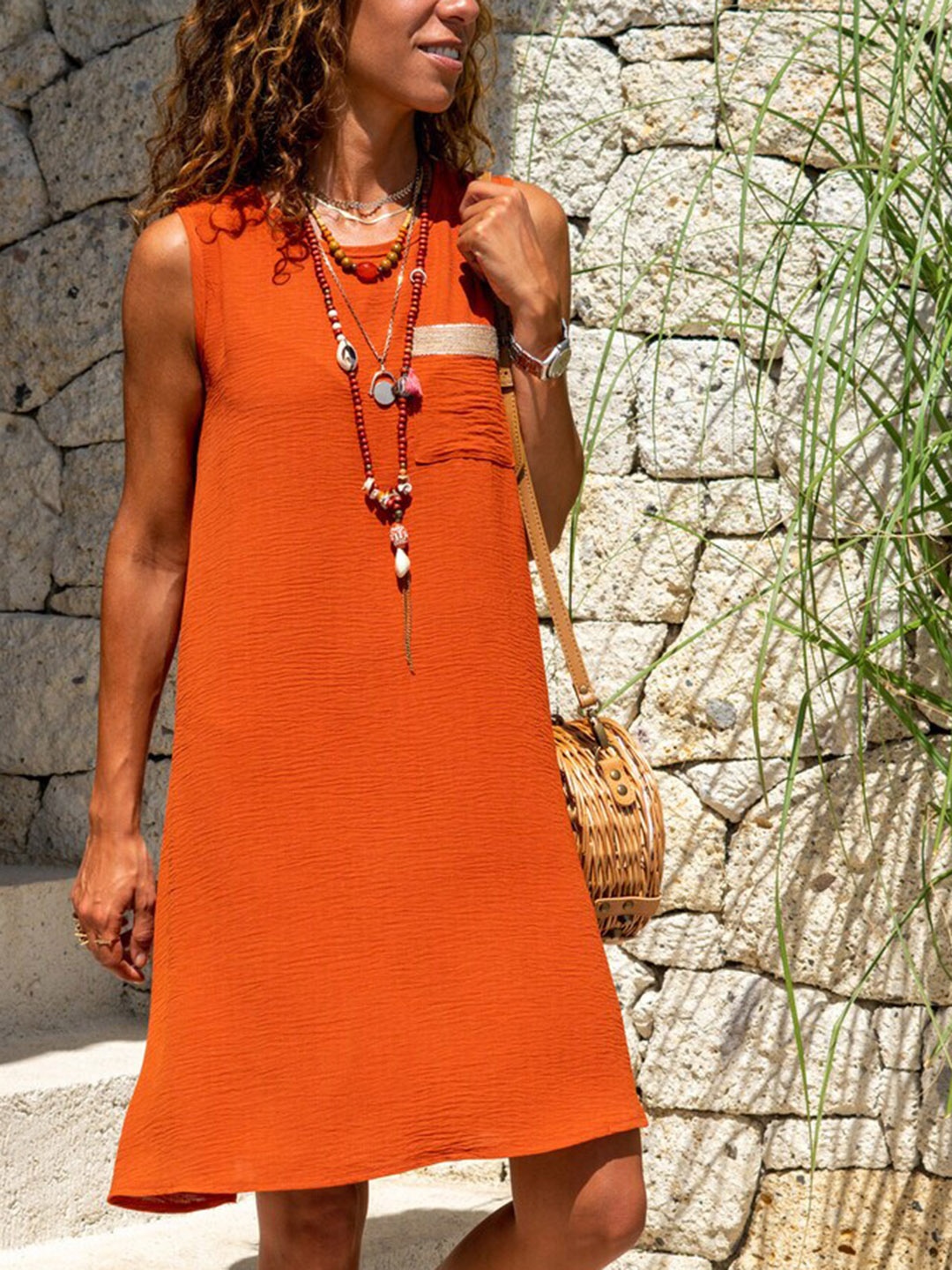 

BoStreet Orange Round Neck Pocket A-Line Dress