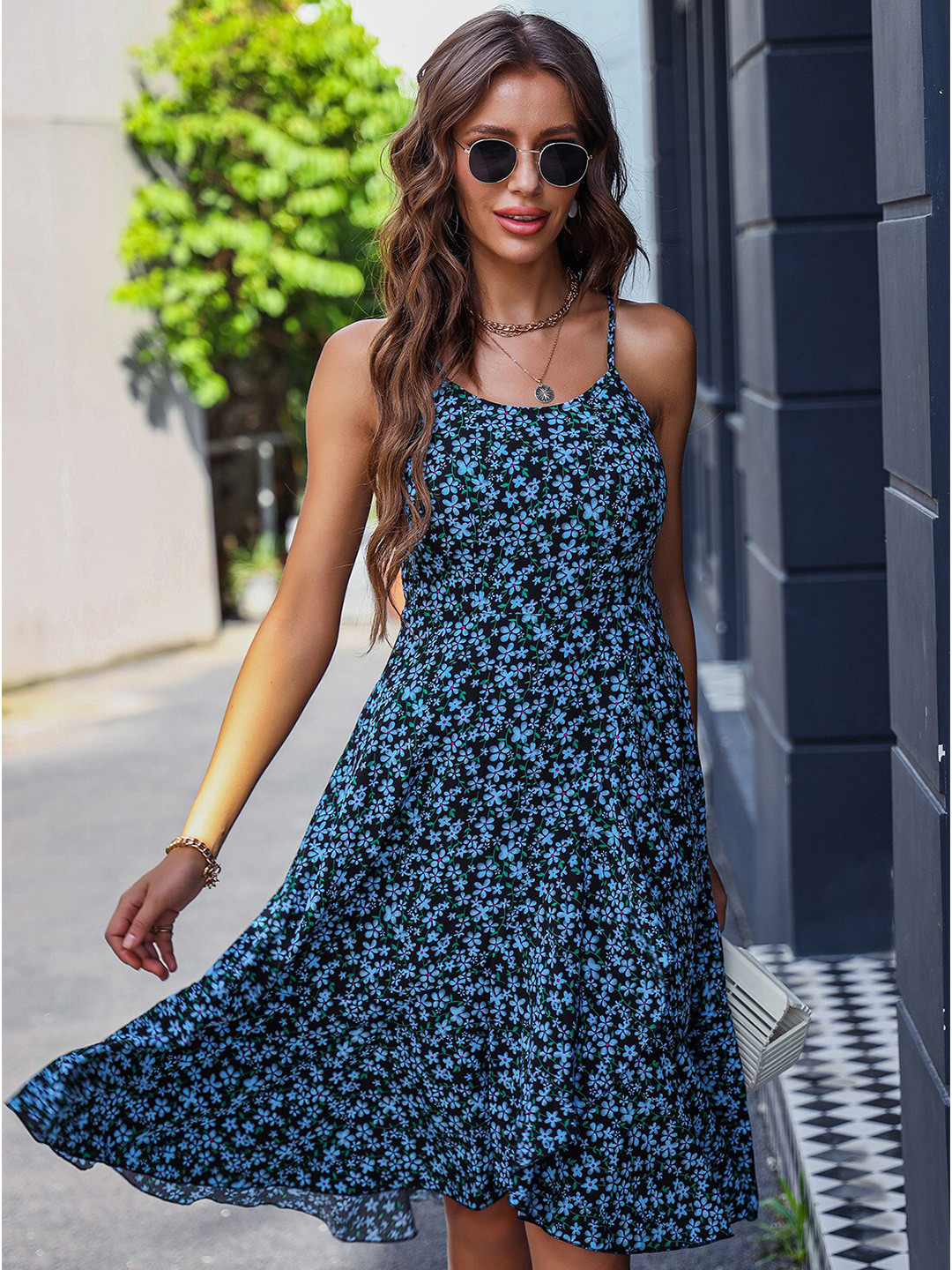 

BoStreet Navy Blue Floral Printed Shoulder Straps Fit & Flare Dress