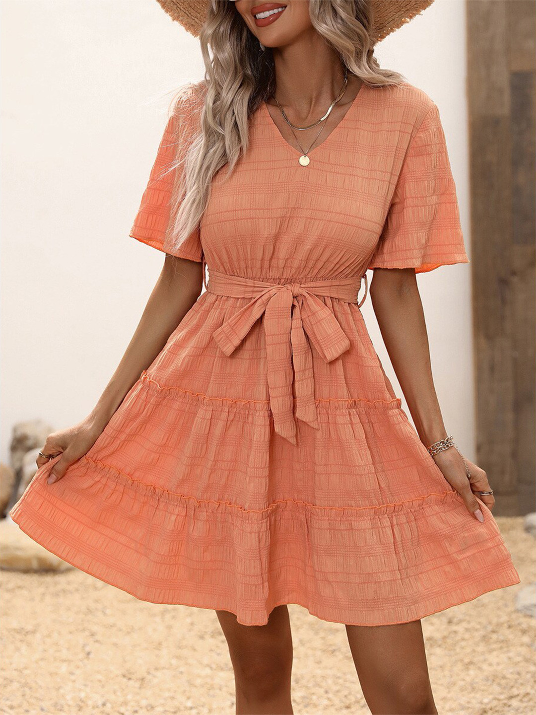 

BoStreet Orange Striped Tiered Fit & Flare Dress With Belt