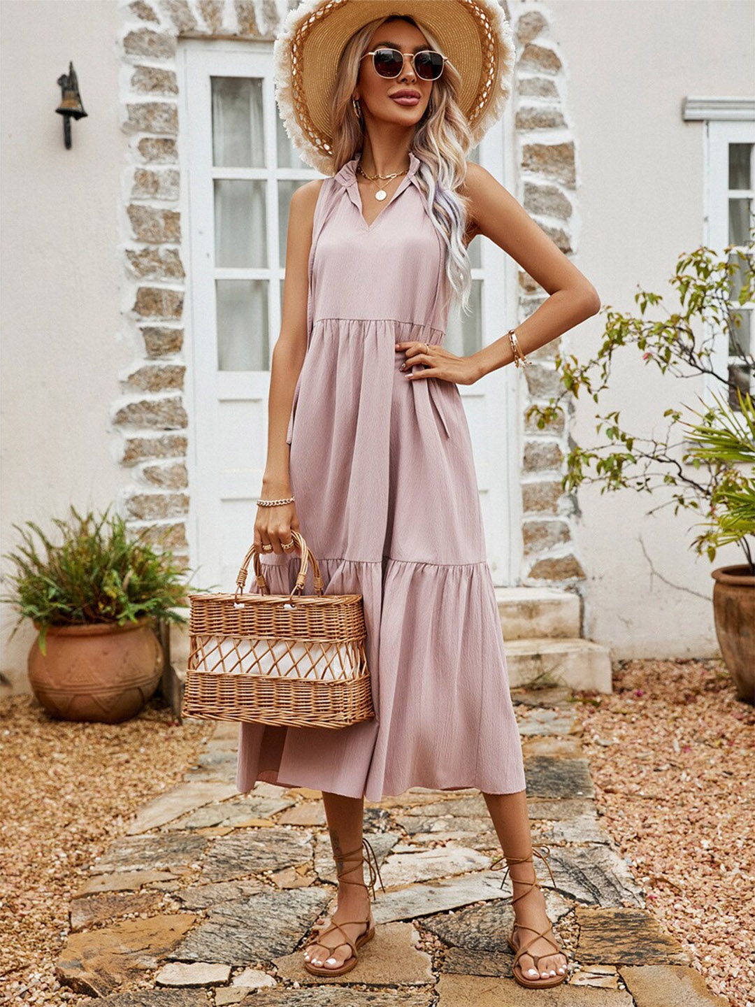 

BoStreet Pink Tiered Gathered Detailed Fit& Flare Midi Dress