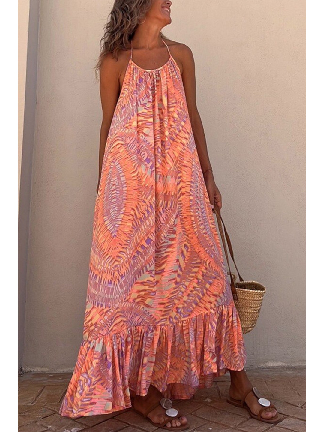 

BoStreet Orange Abstract Printed Halter Neck Tie Ups Bohemian A-Line Dress