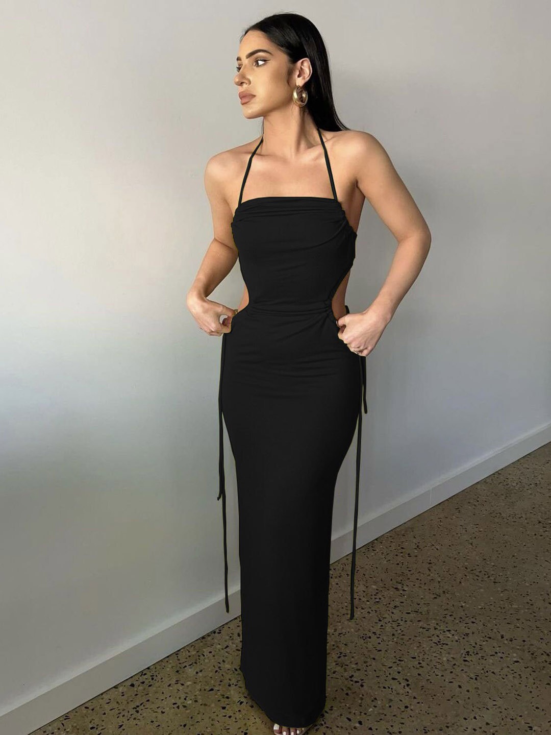 

BoStreet Black Halter Neck Cut Out Bodycon Maxi Dress