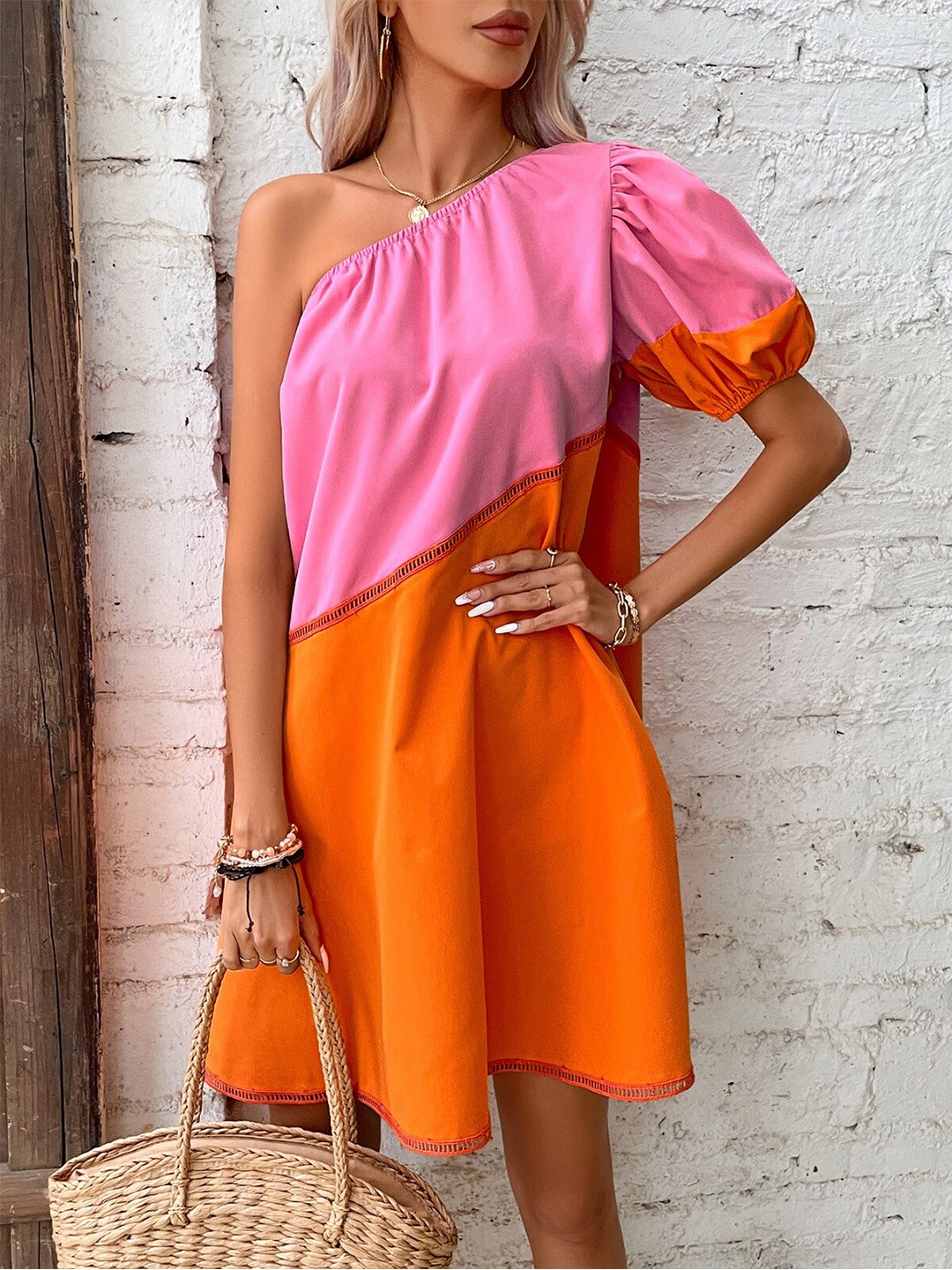 

BoStreet Orange & Pink Colourblocked One Shoulder Puff Sleeve A-Line Dress