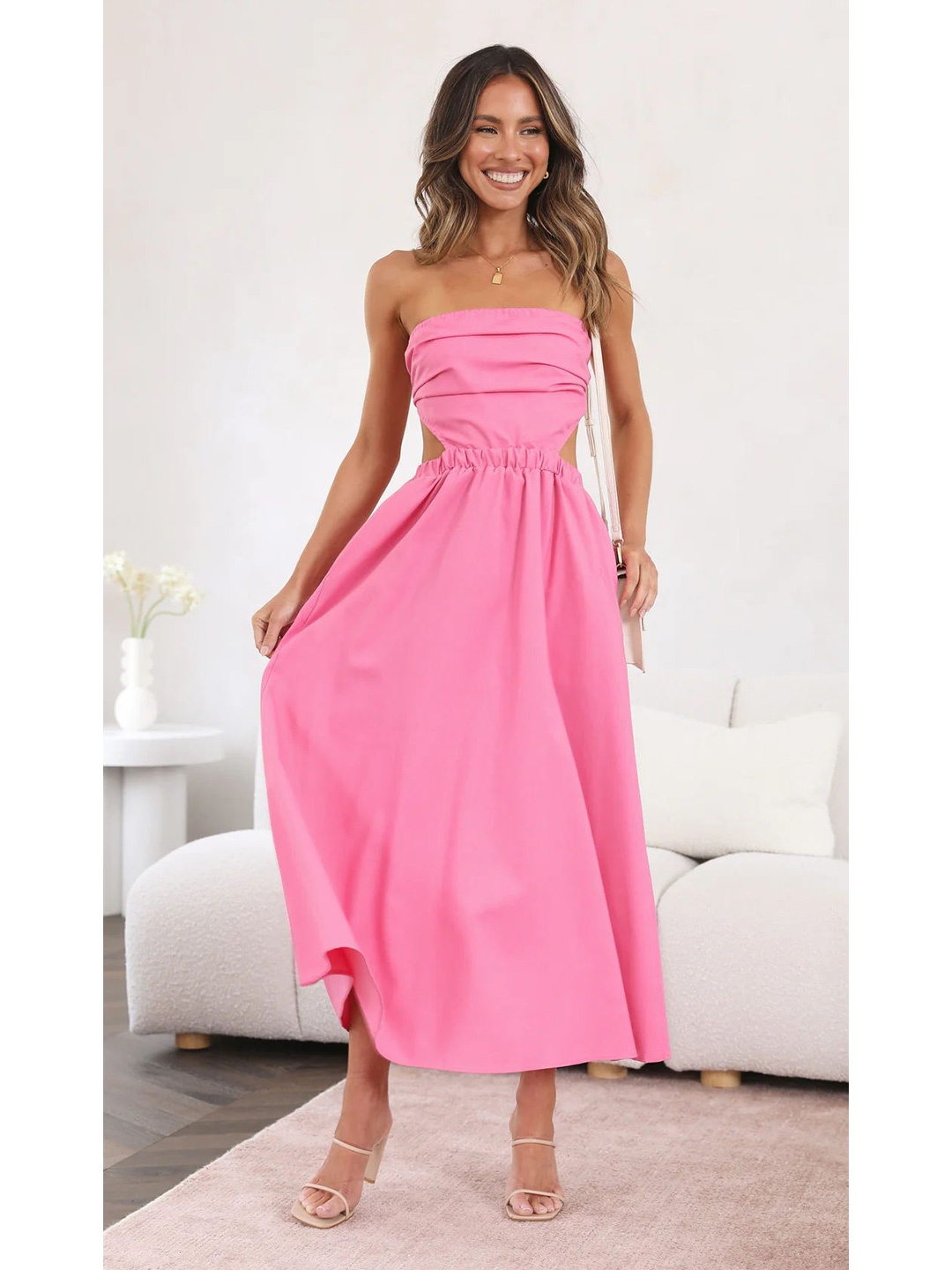 

BoStreet Pink Off-Shoulder Cut-Outs Fit & Flare Midi Dress