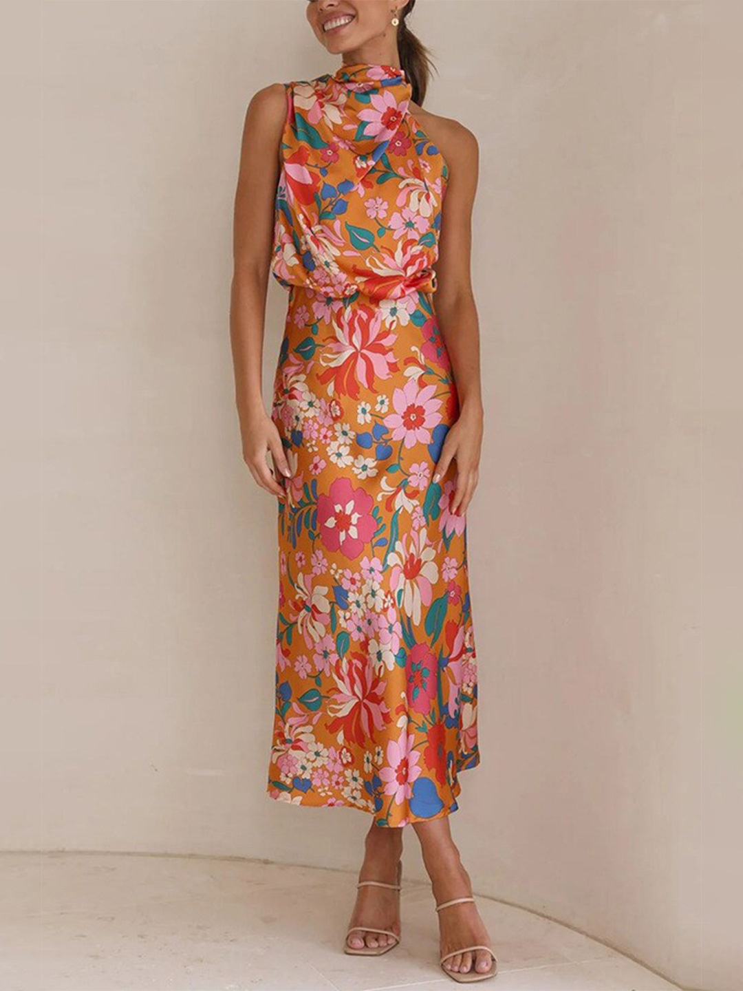 

StyleCast Orange Floral Printed Cowl Neck Blouson Midi Dress