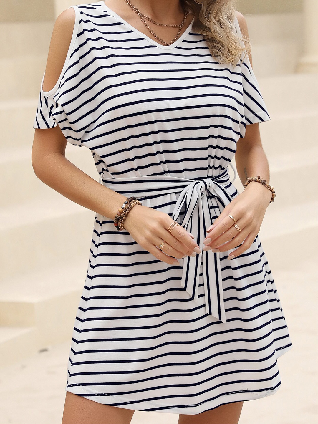 

StyleCast White & Navy Blue Striped Printed Cold-Shoulder Sleeves Belted A-Line Dress