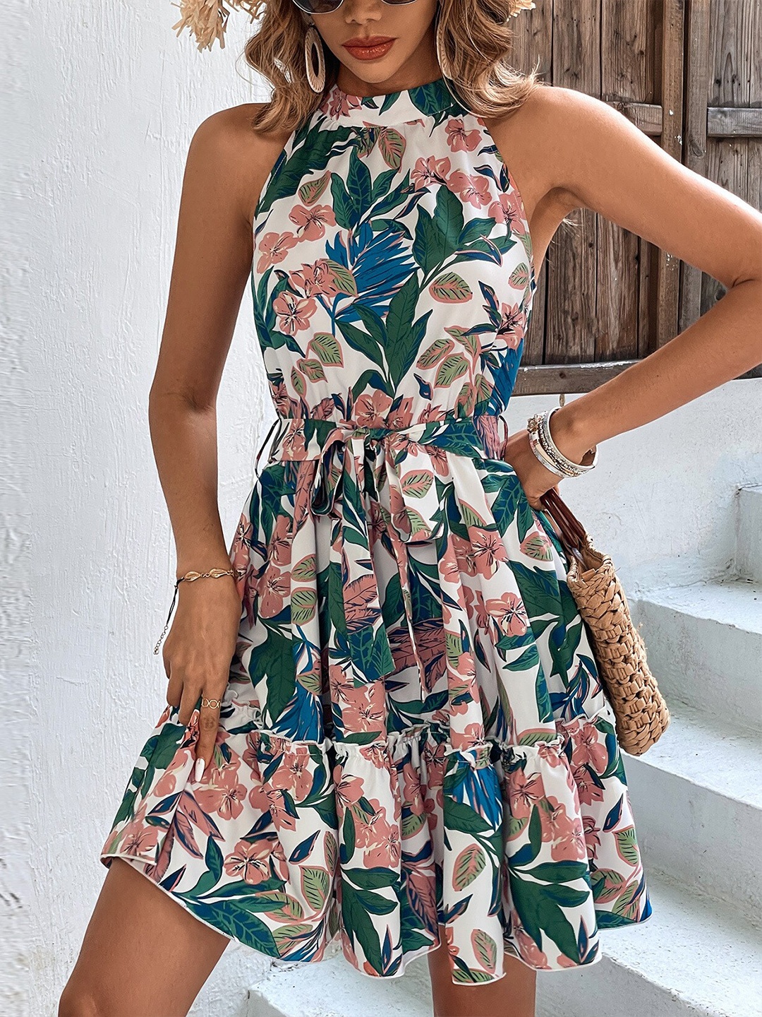

BoStreet White Floral Printed Halter Neck Fit & Flare Dress
