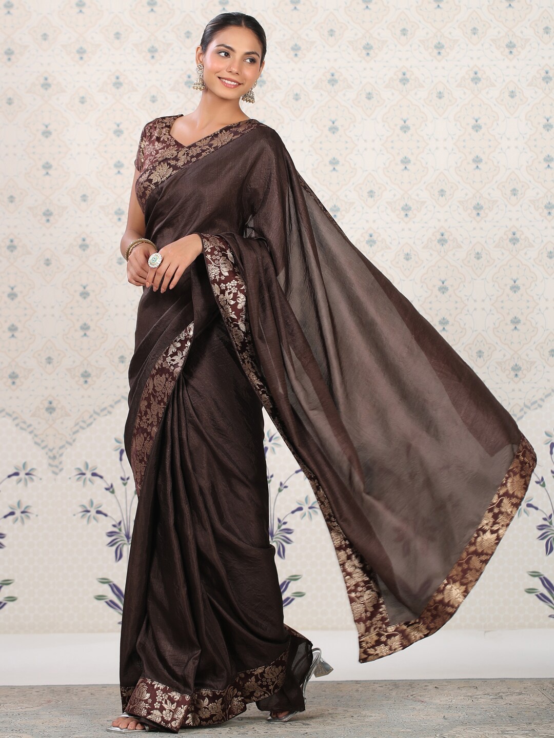 

Ode by House of Pataudi Brown & Maroon Woven Design Zari Saree