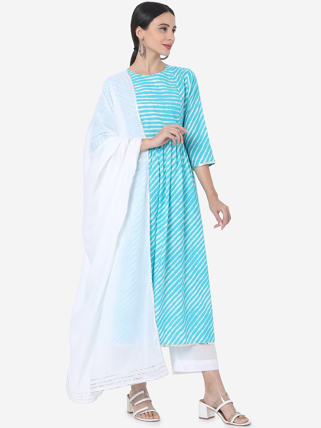 

KALINI Striped Anarkali Gotta Patti Pure Cotton Kurta & Palazzos With Dupatta, Blue