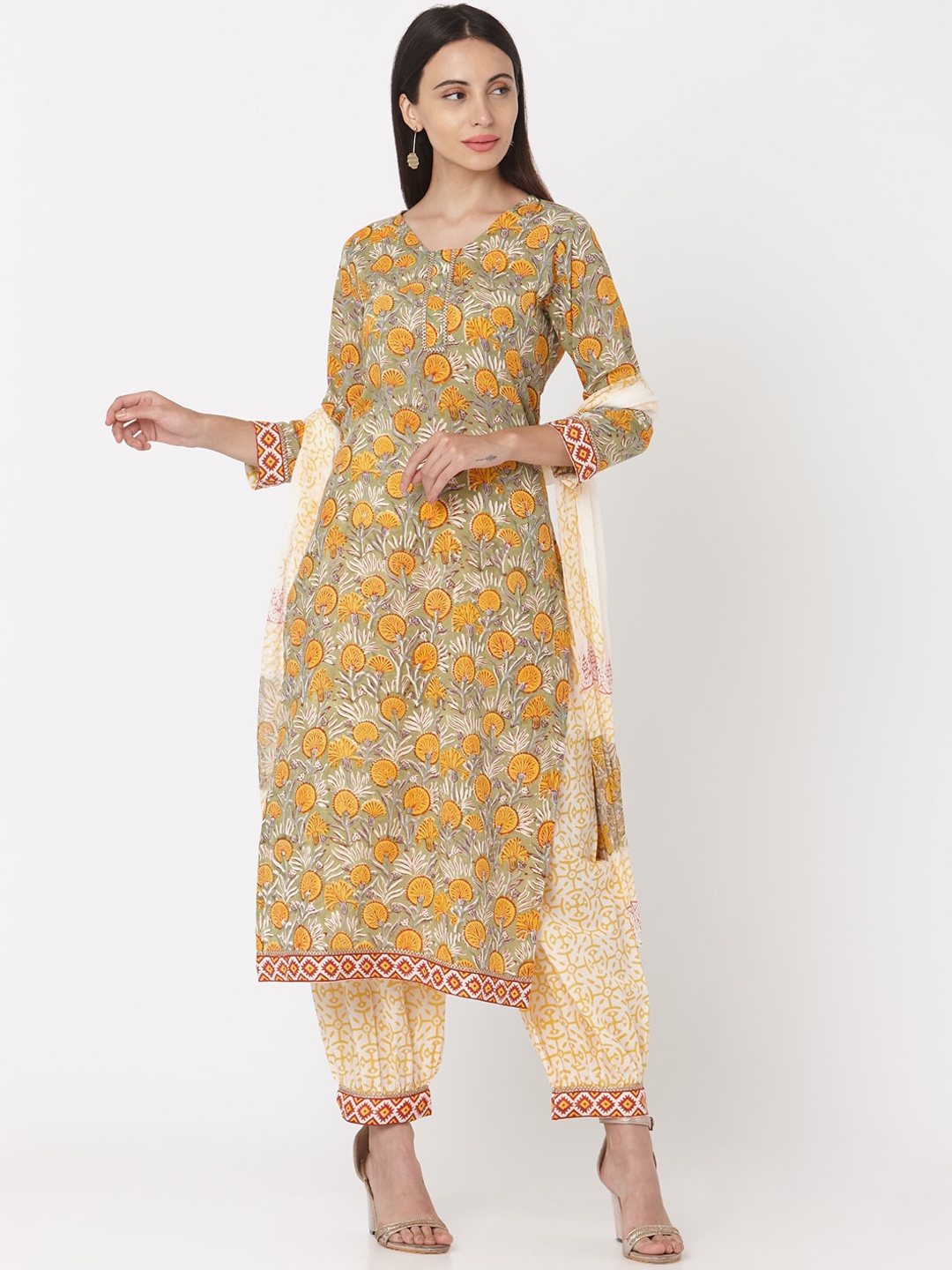 

KALINI Floral Printed Pure Cotton Kurta with Salwar & Dupatta, Green