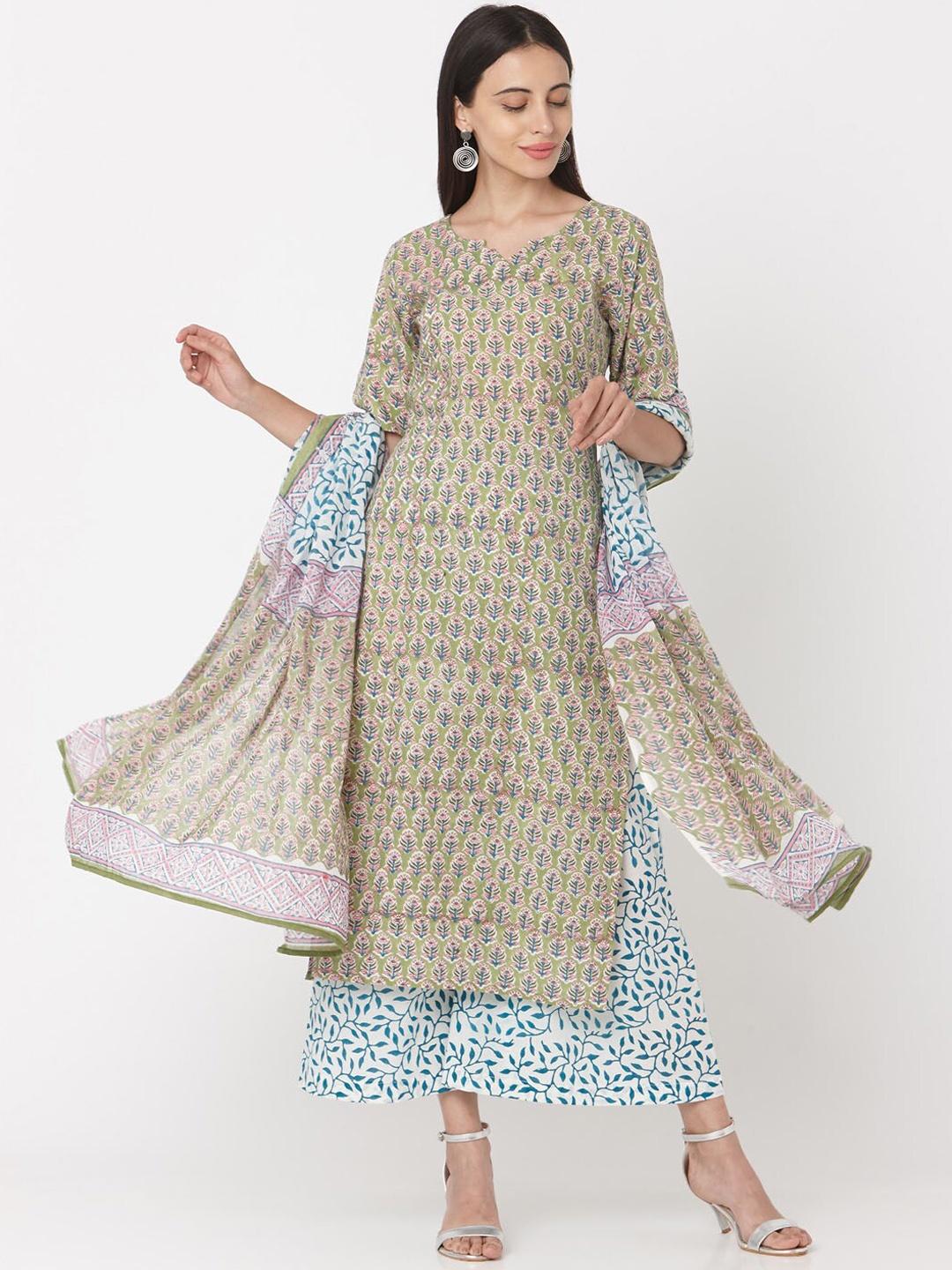 

KALINI Ethnic Motifs Printed Regular Pure Cotton Kurta With Palazzos & Dupatta, Green