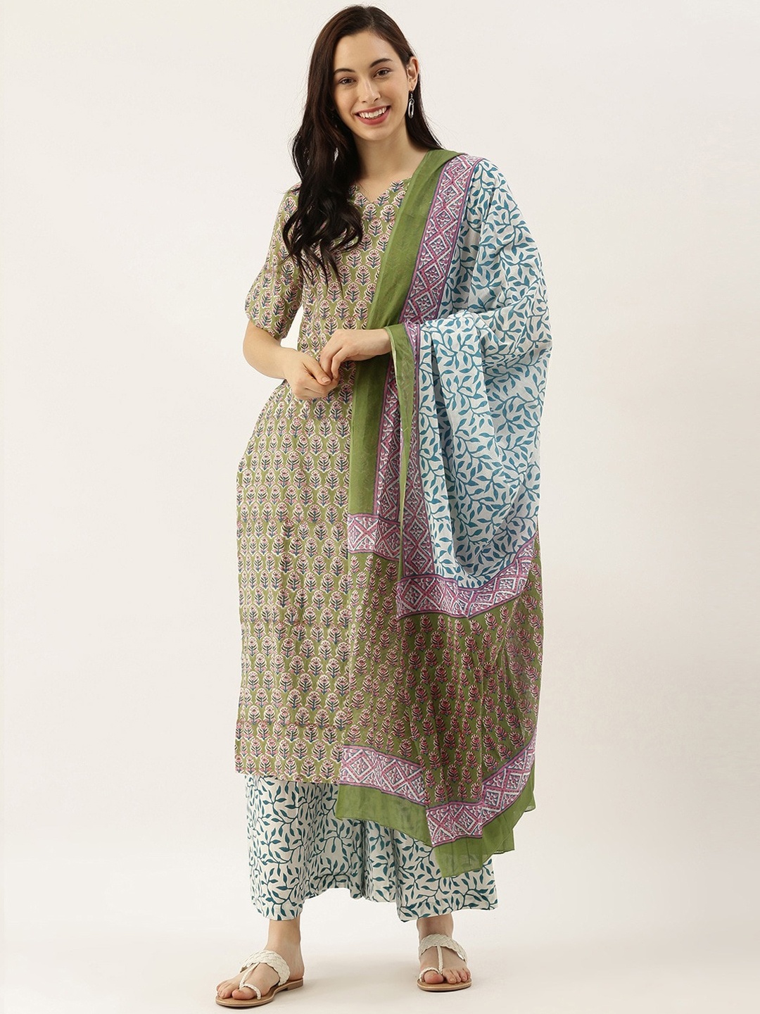 

KALINI Floral Printed Pure Cotton Kurta With Palazzos & Dupatta, Green