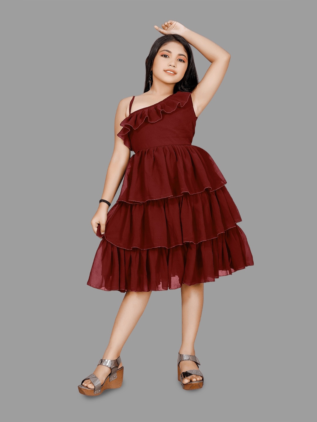 

APNISHA Girls Layered Ruffles Detailed One Shoulder Fit & Flare Dress, Maroon
