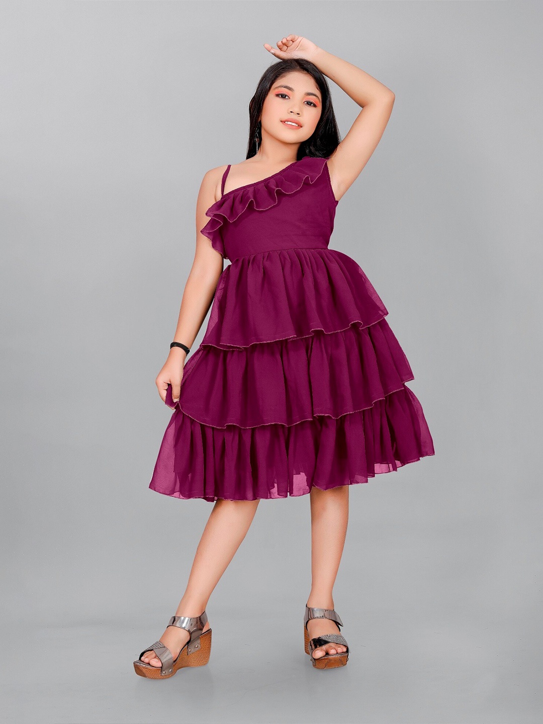 

APNISHA Girls Layered Detailed One Shoulder Fit & Flare Dress, Purple