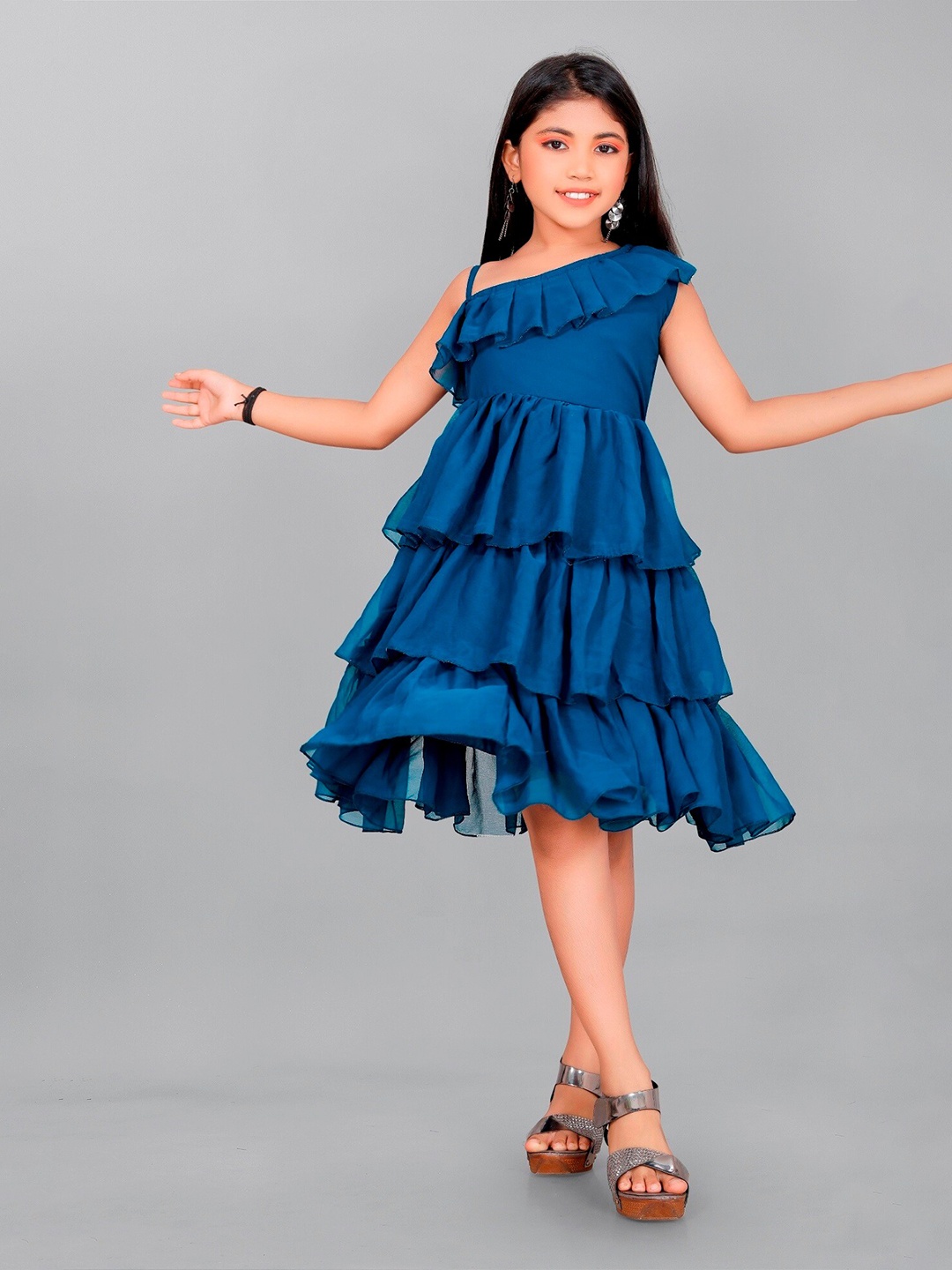 

APNISHA Girls Layered Ruffles Detailed One Shoulder Fit & Flare Dress, Blue