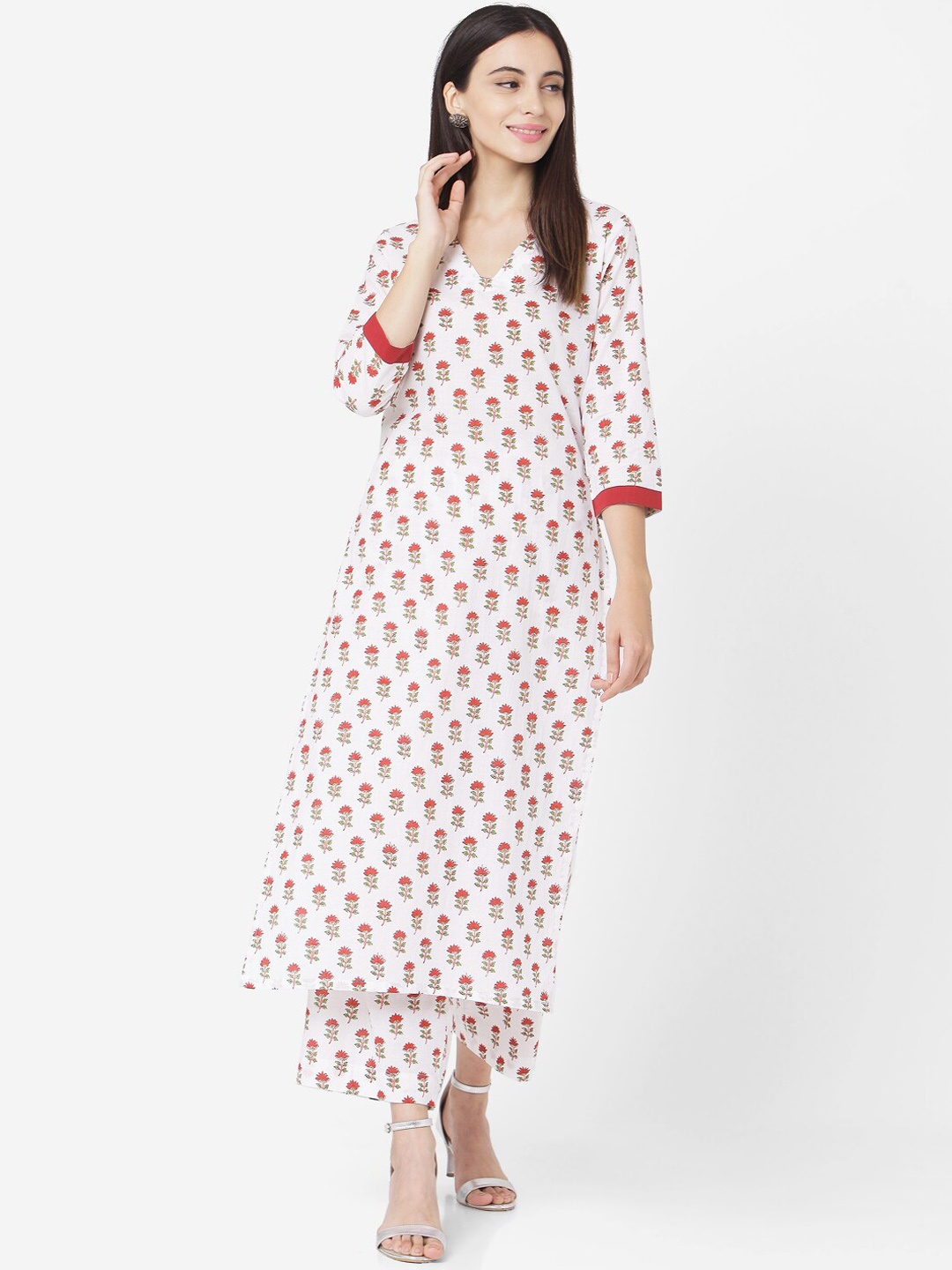 

KALINI Floral Printed Pure Cotton Kurta With Palazzos, White