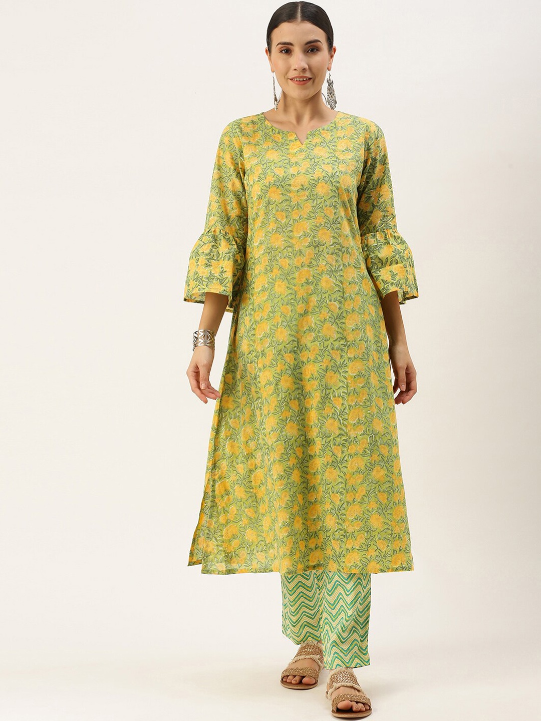 

KALINI Floral Printed Bell Sleeves Pure Cotton Kurta with Trousers, Green