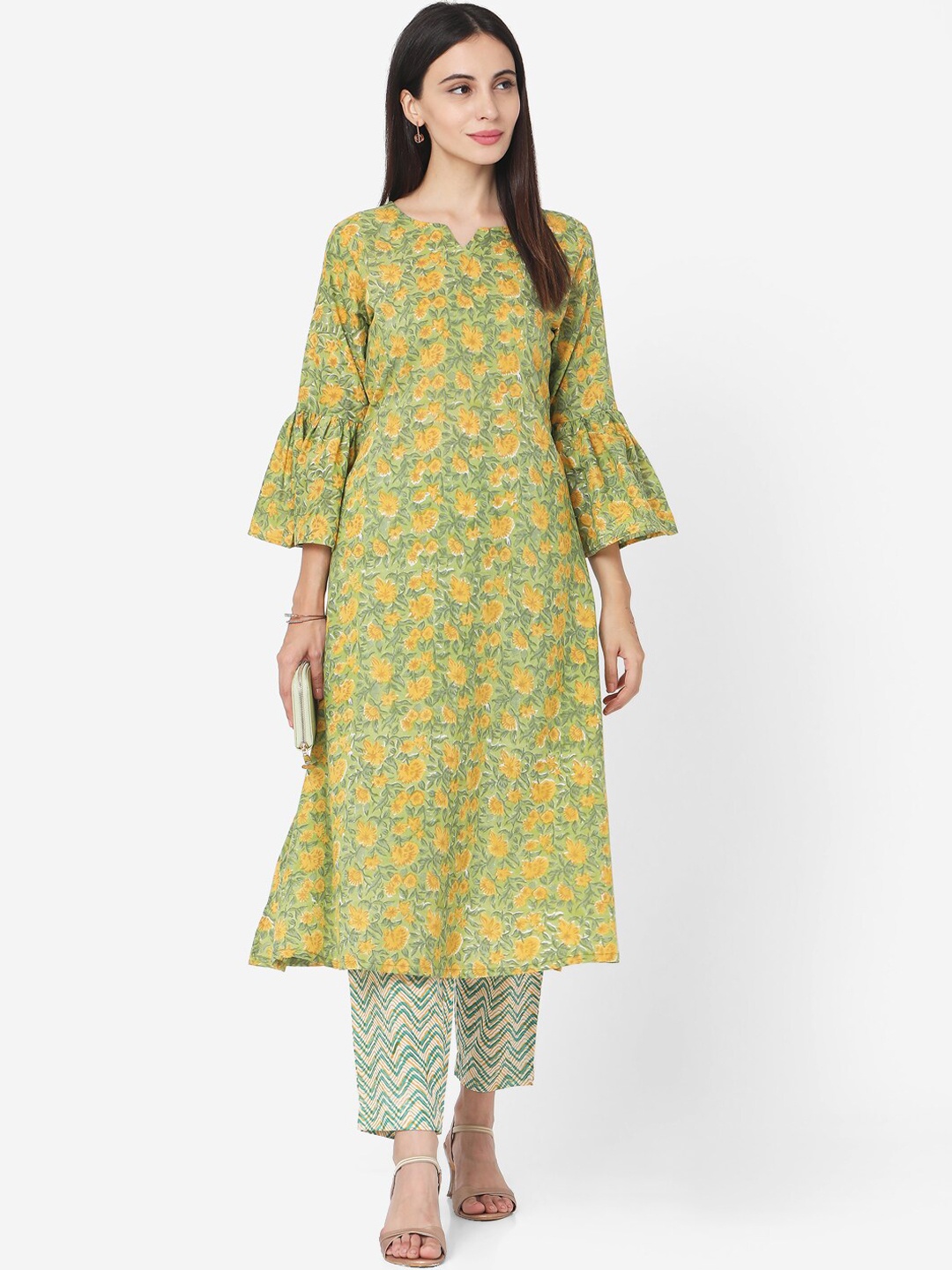 

KALINI Floral Printed Bell Sleeves Pure Cotton Kurta with Trousers, Green