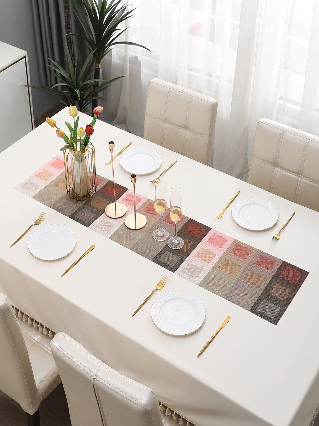 

HOKIPO Brown & Pink Geometric Rectangular Table Runner